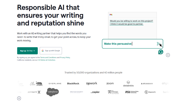 Grammarly AI homepage