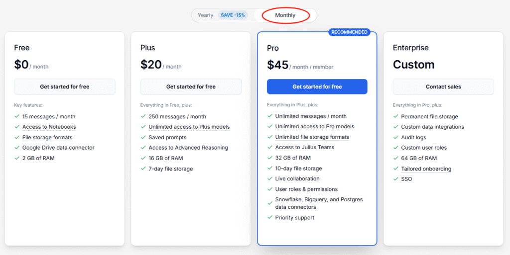 Julius AI Pricing