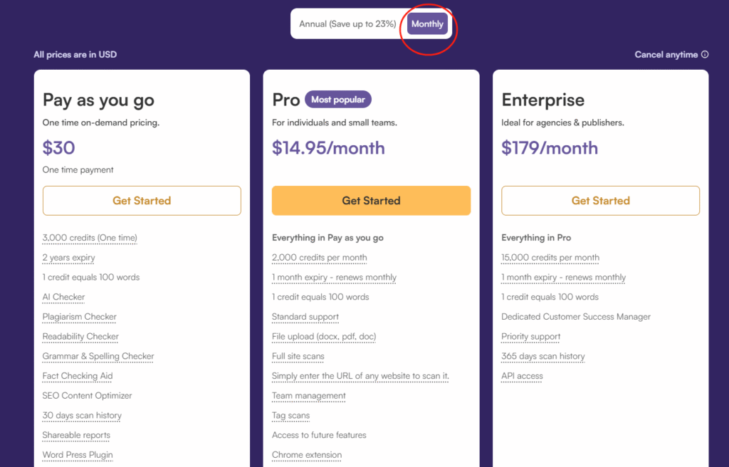 originality ai Pricing