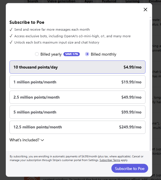 Poe AI pricing